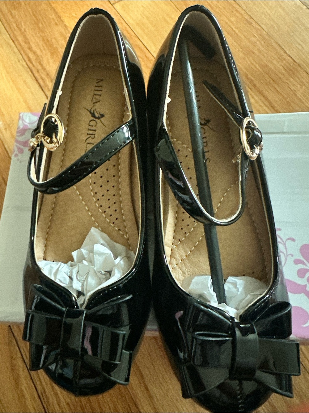 Mila Girl Black Patent Mary Jane Flats with Bow and Ankle Strap